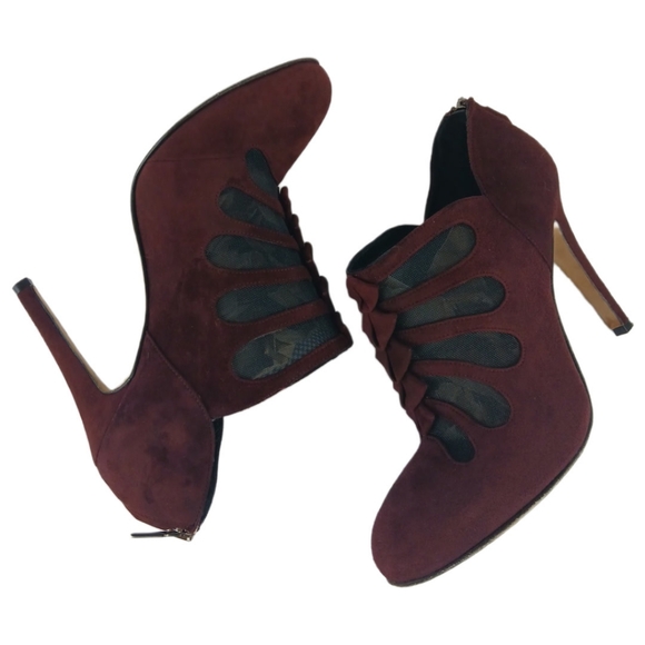 Sarah Flint Burgundy Blake Ankle Boots Suede Booties Mesh Cutouts Pumps Heels - Picture 4 of 15